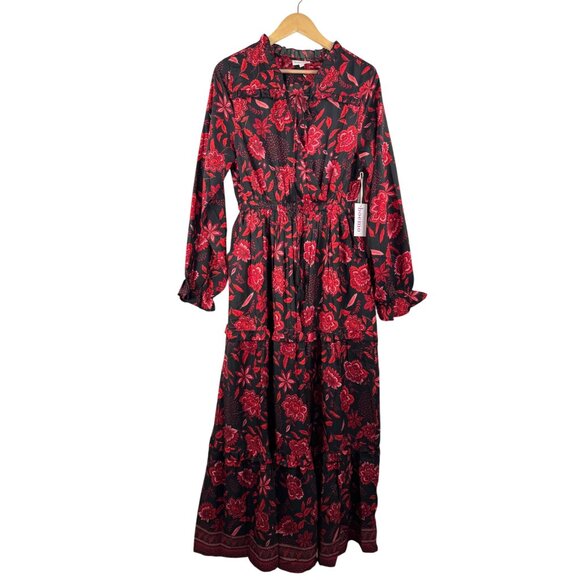 Boemo Floral maxi smocked ruffle dress whimsigoth dark romantic witch sz L - Picture 1 of 6